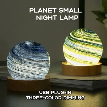 3D Luna Steklene Svetilke USB Powered Planet Mini Noč Svetlobe Z Leseno Stojalo Za Otroci, Dekleta, Fantje Prijatelji Božična Darila za Rojstni dan